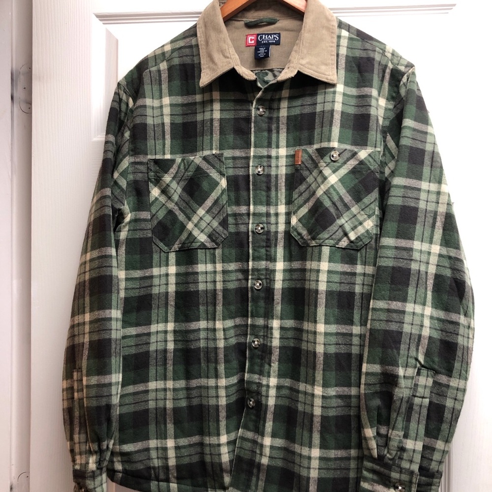 Chaps Green and Cream Plaid Button-Up Shirt Jacket with Tan Collar Large